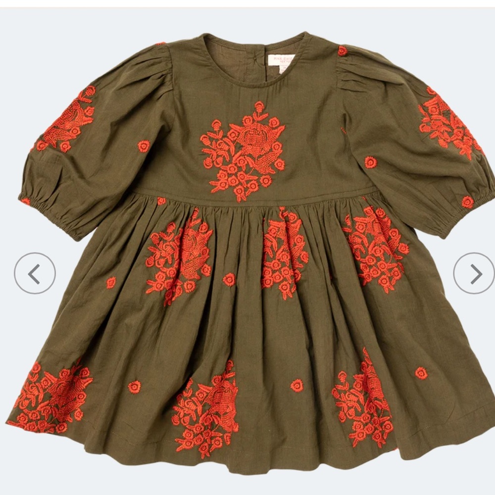 EUC Pink Chicken Girls Brooke Dress in Dark Olive Embroidery Sz 4y - Picture 2 of 8